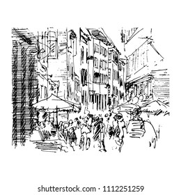 People walking on busy city street. Hand-drawn sketch illustration.