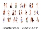 People walking on city street set. Happy couples, friends, families, kids meeting, talking and strolling outdoors. Modern casual citizens life. Flat vector illustration isolated on white background