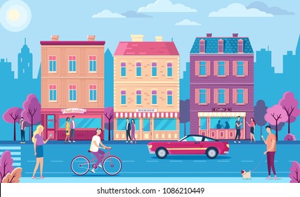 People walking on the city street. Old buildings and car