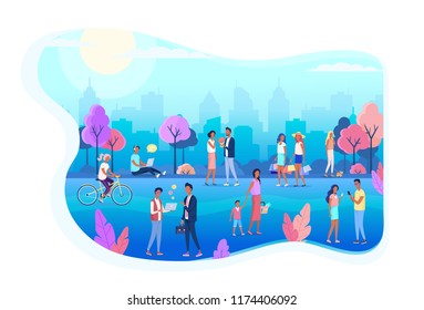 People walking on the city street park color flat illustration