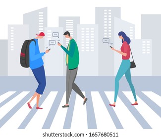 People Walking on City Street. Men and Women characters walking cross the road on urban background. Pedestrians walking on a crosswalk while sending messages in the city. Character vector illustration