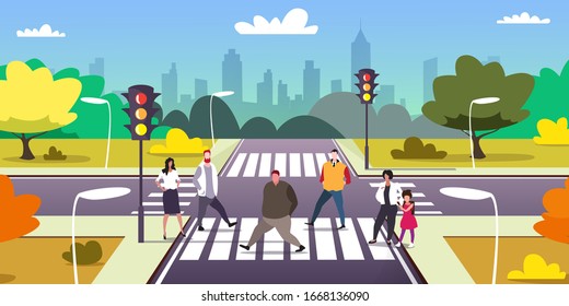 people walking on city street crosswalk urban traffic lights cityscape background horizontal full length vector illustration