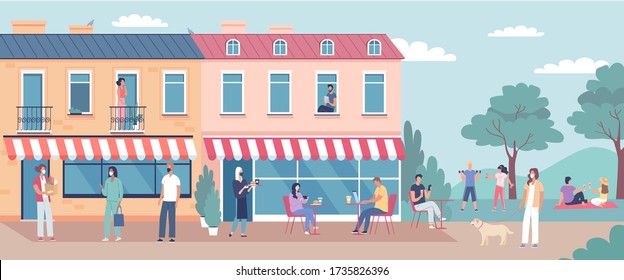 People walking on the city street during quarantine time flat vector illustration