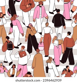 People walking on city street, seamless pattern. Characters crossing crosswalk, endless background. Pedestrians crowd, repeating print design. Flat graphic vector illustration for textile, fabric
