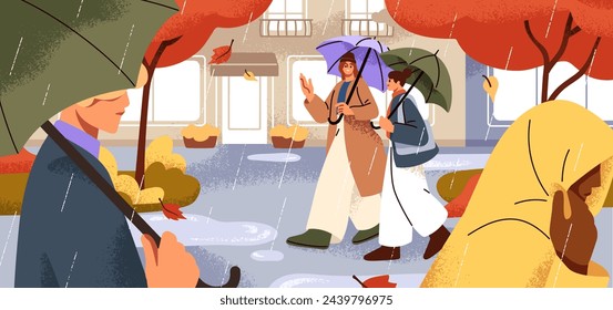 People walking on city street in rainy weather. Characters, women strolling under umbrellas outdoors in autumn rain, wet fall season with downpour, drizzle, precipitation. Flat vector illustration