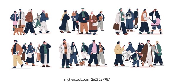People walking on city street. Diverse groups of citizens in everyday urban life, set. Men, women pedestrians going with phone, dog, bicycle. Flat vector illustration isolated on white background