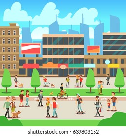 People Walking On City Street With Urban Cityscape Vector Illustration