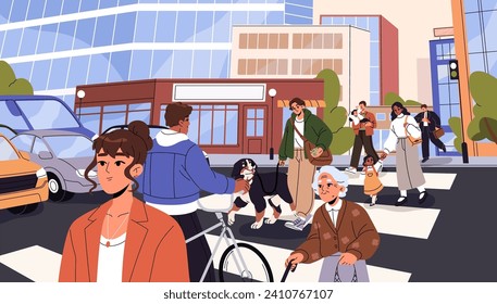 People walking on crosswalk. Pedestrians cross city road. Cars stop on traffic light. Girl, old woman, busy man go across street. Owner leads dog on zebra. Cityscape panorama.Flat vector illustration