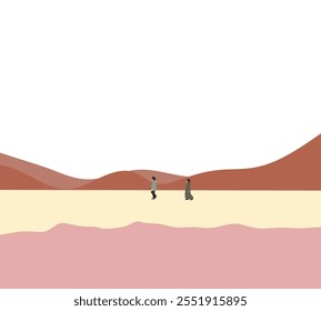 Menschen, die auf dem Dessert mit Landschaft Bergblick gehen. Minimales Kunstdesign. Reiseziel im Urlaub.