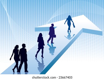 People are walking on a direction sign, conceptual business illustration.