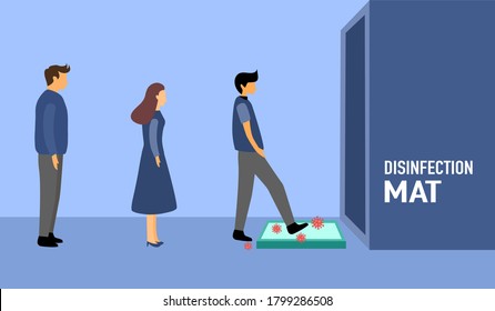 People walking on disinfection mat to clean shoe from Covid-19 coronavirus and bacteria. Healthcare concept vector illustration on blue background.