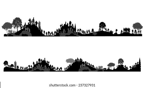 People walking on hills, mountains. Tourists on nature. Peoples silhouettes