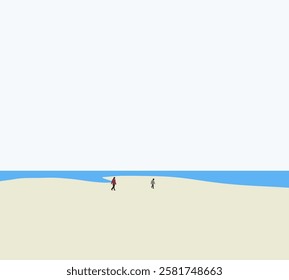 People walking on ocean tropical beach. Happy with summer holiday, vacation and relaxation. Minimal natural design.