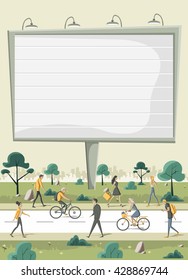 People walking on a park in the city with a big billboard and. Ad sign.
