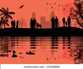 People walking on a park with lake, vector illustration