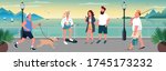 People walking on quay flat color vector illustration. Man running with dog. Couple at romantic promenade. Tourist relaxing 2D cartoon characters with coastline at sunset on background