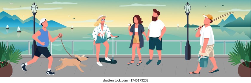 People walking on quay flat color vector illustration. Man running with dog. Couple at romantic promenade. Tourist relaxing 2D cartoon characters with coastline at sunset on background