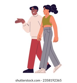 People walking on romantic date. Cute couple talk, communicate. Partners or friends spend time together. Man and woman strolling flat isolated vector illustration on white background