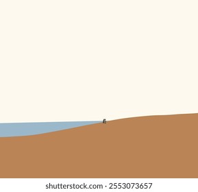 People walking on sand dune with ocean view. Desert landscape. Minimal art design. Travel, freedom and wanderlust. Nature background.