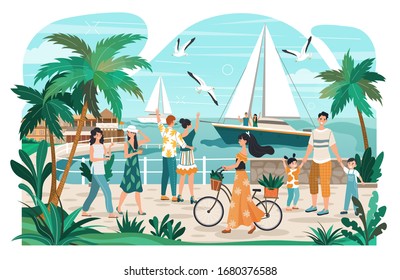 People walking on seaside promenade, summer town recreation, vector illustration. Couple on yacht, man with children, woman with bicycle. People enjoying promenade in seaside town, active lifestyle