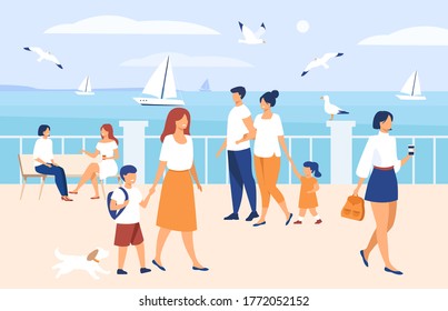 Gente caminando en el muelle costero. Personajes turísticos y una pareja linda con niños admirando barcos en el mar y gaviotas. Ilustración plana del concepto de vacaciones de verano en la costa