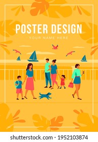 People walking on seaside quay. Tourist characters an cute couple with kids admiring boats in sea and seagulls. Flat illustration for seaside, summer vacation at ocean concept