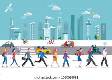 People walking on the street, ant the background a skyline with skyscrapers. They are using their smart phones. In the streets some autonomous cars.
