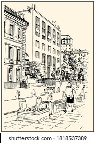 People walking on the street in the city. Vertical composition with buildings, people and cars.. Summer day black and white hand drawing with pen and ink. Sketch style.
