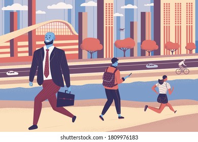 People walking on the street with cityscape background. Landscape building panorama with skyscraper. Pedestrians men and women characters and cyclist hurry at work. Cartoon flat vector illustration.