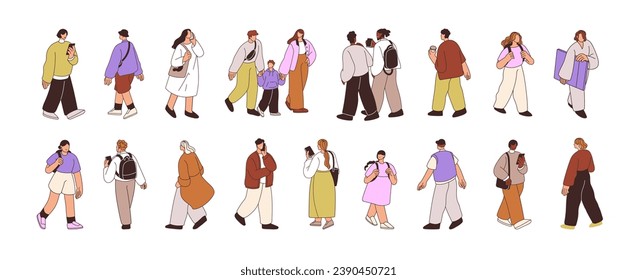 People walking on street set. Characters outdoors, going on different businesses, strolling with friend, talking on phone. Pedestrians, citizens. Flat vector illustrations isolated on white background