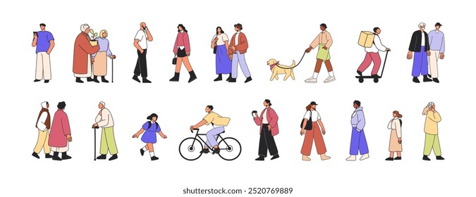 Pessoas andando nas ruas. Homens, mulheres, crianças em diferentes negócios ao ar livre. Personagens urbanos em bicicleta, pedestres com café, cachorro. Ilustração de vetor plano isolada no plano de fundo branco