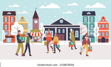 People walking on the street with shopping bag. Christmas sale time. Winter holiday, discount in store. Vector illustration in flat style