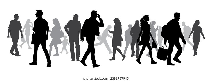 People walking on street silhouette, silhouettes of moving people crowd on street, man woman walking