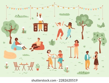 People walking on summer festival. DJ, girls dance, chat and drink coffee and lemonade. Man in cushion chair on the grass. Public park with trees, light bulbs, cafe. Vector concept illustration.