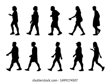 People walking on white background, Silhouette woman and man collection, Vector shape group girl and boy