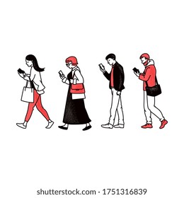 People walking in one line and looking at mobile phone screens - smartphone users set holding gadgets from side view. Flat line art style isolated cartoon vector illustration.