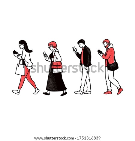 People walking in one line and looking at mobile phone screens - smartphone users set holding gadgets from side view. Flat line art style isolated cartoon vector illustration.