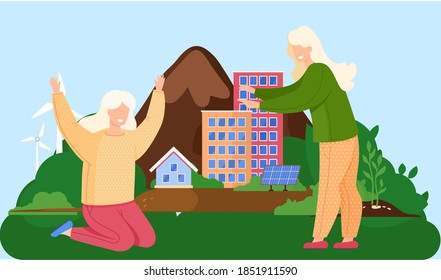 People walking outdoor and joyfully raise their hands up flat illustration. Green energy sources in industry. Caring women saving world ecology. Earth day environment saving and nature care concept