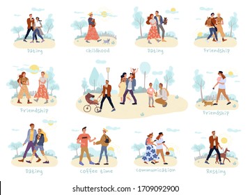 People walking outdoor set. Student friendship. Parent children relationship. Lovers dating. Happy Pregnancy. Childhood in infancy. Young characters coffee time. Users digital communication in network