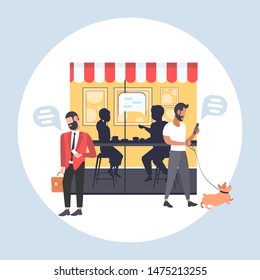 people walking outdoor using mobile app chat bubble social media communication concept couple sitting at table speech conversation modern street cafe full length