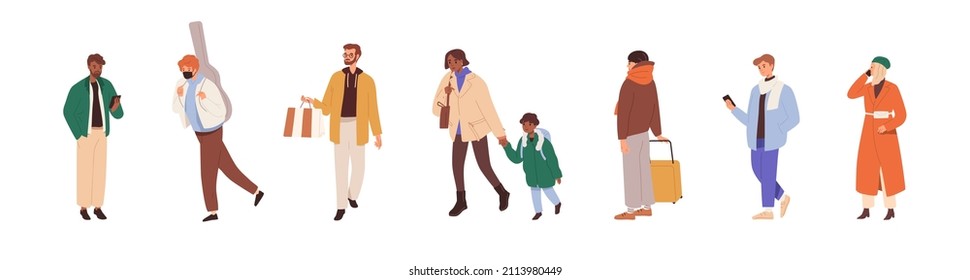 People Walking Outdoors Set. Modern Men And Women On Street, Going On Different Businesses. Characters With Mobile Phones, Bags, Luggage. Flat Vector Illustration Isolated On White Background