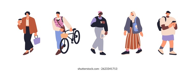 People walking outdoors set. Modern urban-style male and female characters on street. Young fashion men, women with phone, bicycle and coffee. Flat vector illustration isolated on white background