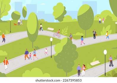 People walking outside city. Crowd person walk in summer or spring city park path, family children recreation on nature bicycle fun ride urban outdoor splendid vector illustration