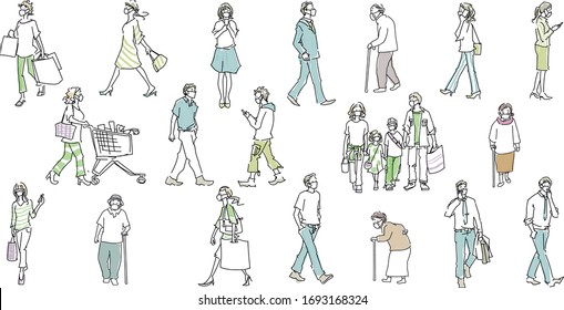 
People walking outside with masks