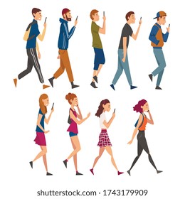 People Walking Outside Set, Young Men and Women Using Digital Gadgets for Online Communication Vector Illustration
