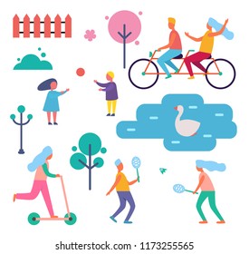 People walking in park among trees cartoon vector badge. Couple riding tandem bicycle and children playing games, girl on scooter and swan in pond