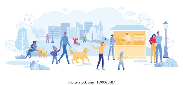 People Walking in Park and Buying Drinks on Trade Fair Flat Cartoon Vector Illustration. Man tanding near Counter Talking to Seller. New Year and Christmas Holiday. Children Playing.