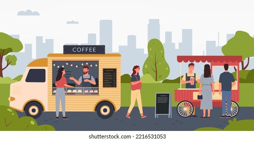 People walking in park and buying snacks in kiosk vendors. Outdoor street food market with trucks selling coffee drinks, bakery and pop corn. Sellers serving customers vector illustration