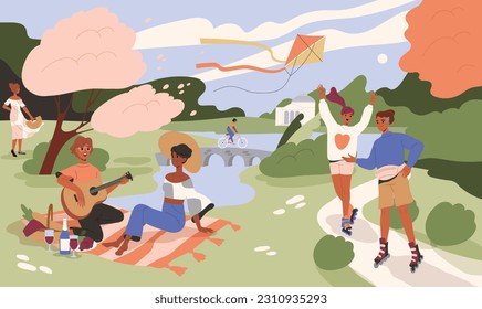 People walking in park. Characters on picnic, rollerblading, cycling and walking. Spring square with flowering plants landscape. Date outdoor with guitar and wine. Cartoon flat vector illustration