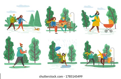People walking in park different weather raining and sunny. Man and woman going with dog, playing guitar on bench. Leisure of mother with carriage, people dance near trees set isolated on white vector